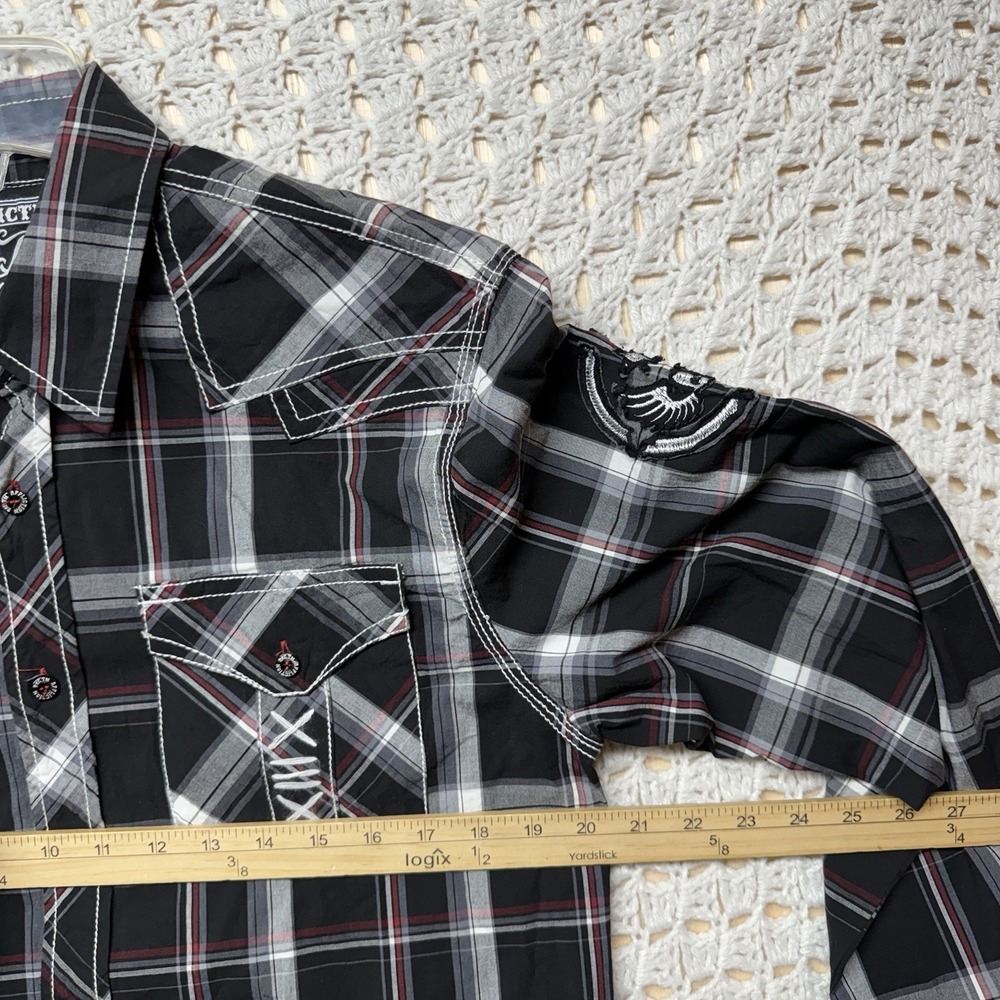 Affliction Black Premium Buckle Slim Shirt Mens Sz M Plaid Button Up Embroidery - Picture 4 of 10